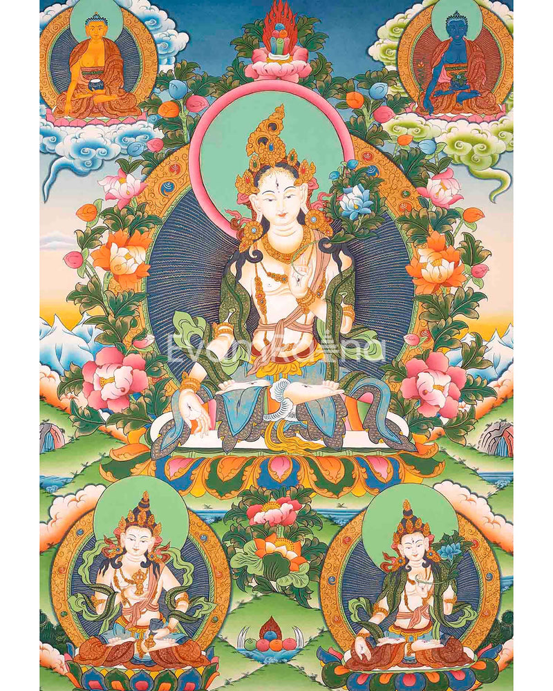 White Tara Thangka Flanked By Other Bodhisattva | Wall Decoration Painting | Art Painting for Meditation and Good Luck to house