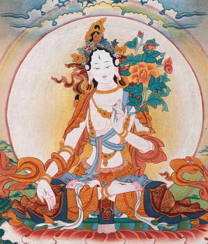 Vintage White Tara Thangka Art | Original Hand Painted Tibetan Buddhist Painting | Meditation And Yoga |