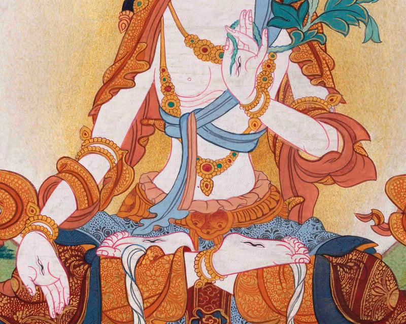 Vintage White Tara Thangka Art | Original Hand Painted Tibetan Buddhist Painting | Meditation And Yoga |