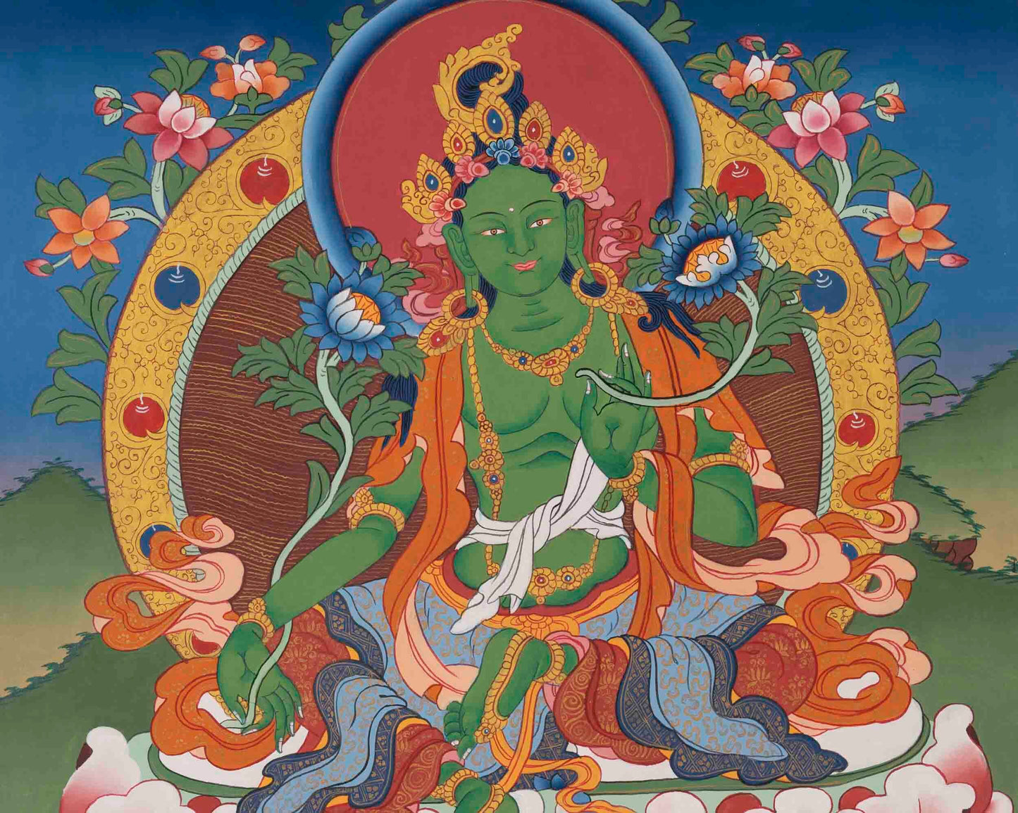 Green Tara Thangka | Original Hand Painted Healing Female Deity | Healing Tara Painting | Art Painting for Meditation and Yoga | Wall Decor