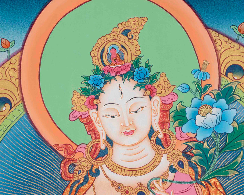 White Tara Thangka Art | Original Hand Painted Female Bodhisattva Art | Wall Decoration Painting |