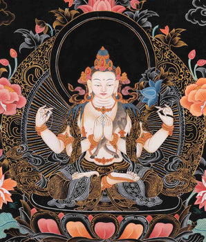 Avalokiteshvara Chengrezig Thangka | Original Hand-painted Arya Bodhisattva | Vajrayana Buddhism Painting |