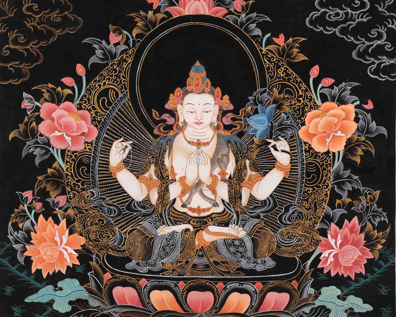 Avalokiteshvara Chengrezig Thangka | Original Hand-painted Arya Bodhisattva | Vajrayana Buddhism Painting |