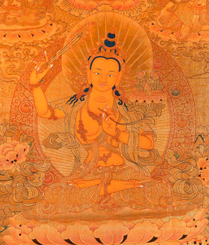 Full Gold Style Arya Boddhisattva Manjushri Original Hand painted Thangka | Religious Tibetan Wall Hanging Art |