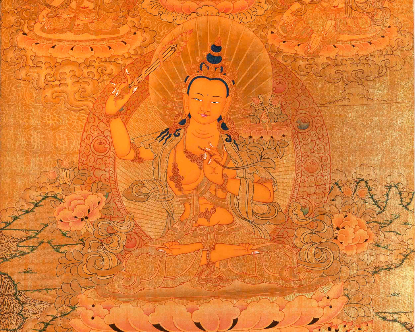 Full Gold Style Arya Boddhisattva Manjushri Original Hand painted Thangka | Religious Tibetan Wall Hanging Art |