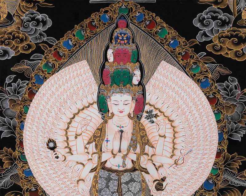 Black and Gold Original 1000 Armed Avalokiteshvara Thangka | Bodhisattva Guanyin Art