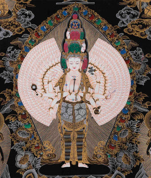 Black and Gold Original 1000 Armed Avalokiteshvara Thangka | Bodhisattva Guanyin Art