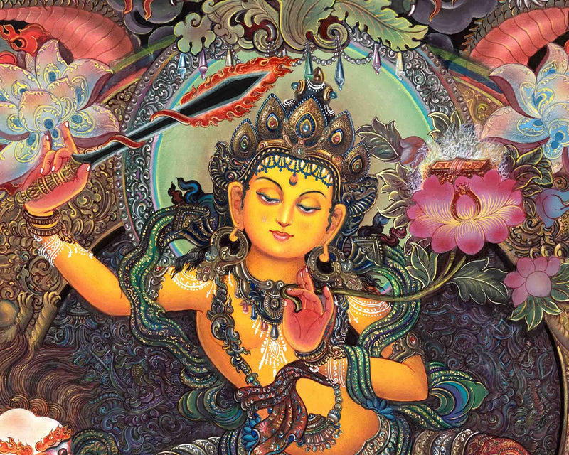 Original Hand Painted Hight Quality Manjushree Thangka | Flaming Sword Of Wisdom Bodhisattva | Meditation And Yoga | Wall Hanging Decor