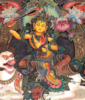 Original Hand Painted Hight Quality Manjushree Thangka | Flaming Sword Of Wisdom Bodhisattva |