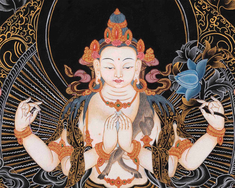 Avalokiteshvara Chengrezig Thangka | Original Hand-painted Arya Bodhisattva | Vajrayana Buddhism Painting |