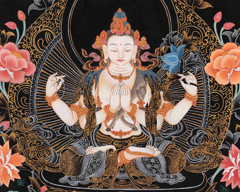 Avalokiteshvara Chengrezig Thangka | Original Hand-painted Arya Bodhisattva | Vajrayana Buddhism Painting |