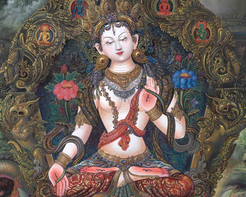Original Hand Painted White Tara Thangka Art | Tibetan Buddhist Religious Painting | Wall Hanging For Meditation And Yoga | Zen Buddhism