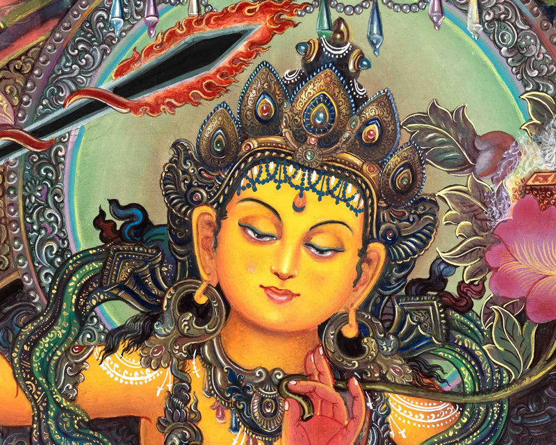 Original Hand Painted Hight Quality Manjushree Thangka | Flaming Sword Of Wisdom Bodhisattva | Meditation And Yoga | Wall Hanging Decor