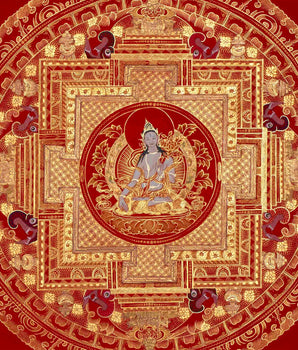 White Tara, Chengrezig and Green Tara Mandala | Traditional Buddhist Art Painting