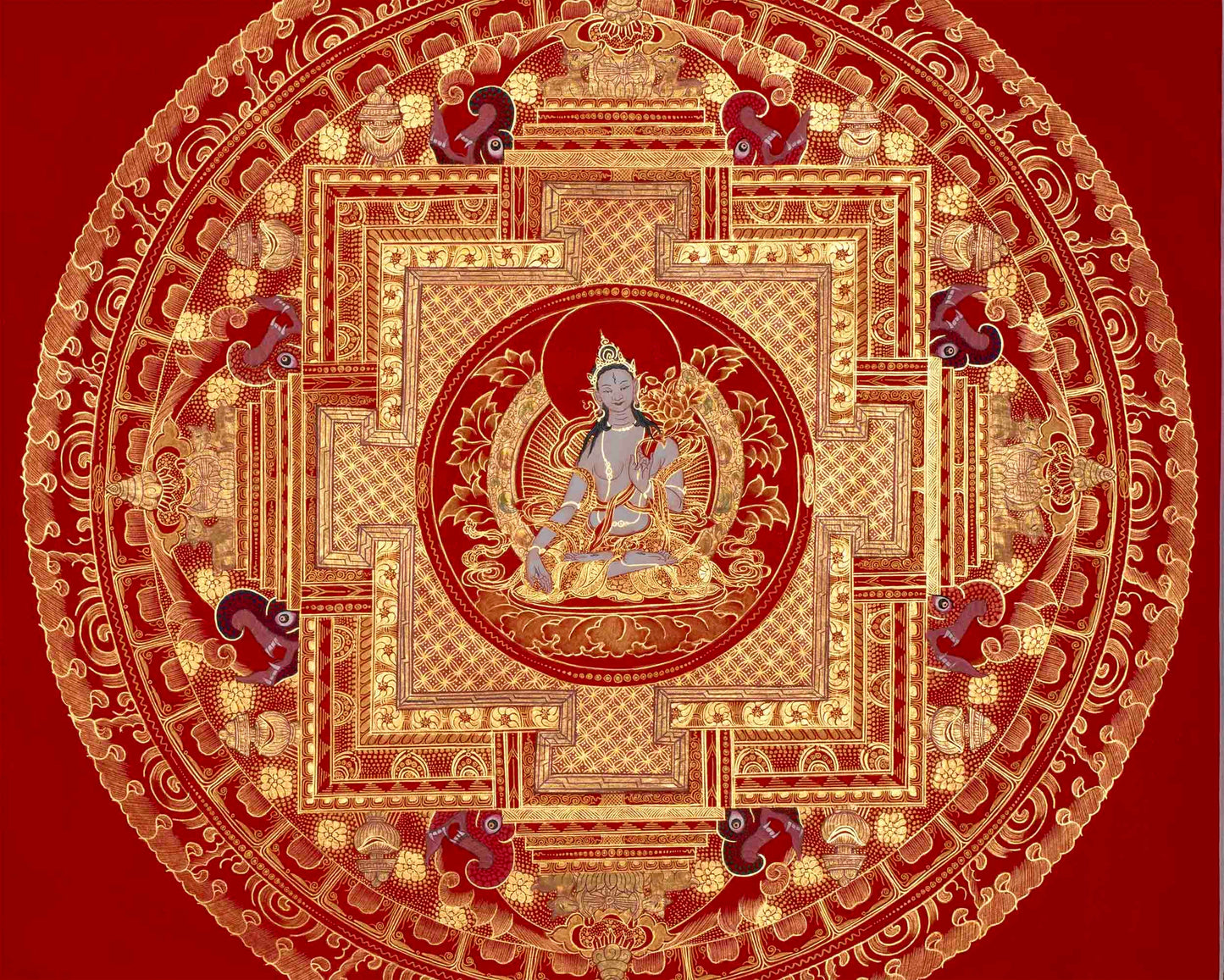 White Tara, Chengrezig and Green Tara Mandala | Traditional Buddhist Art Painting