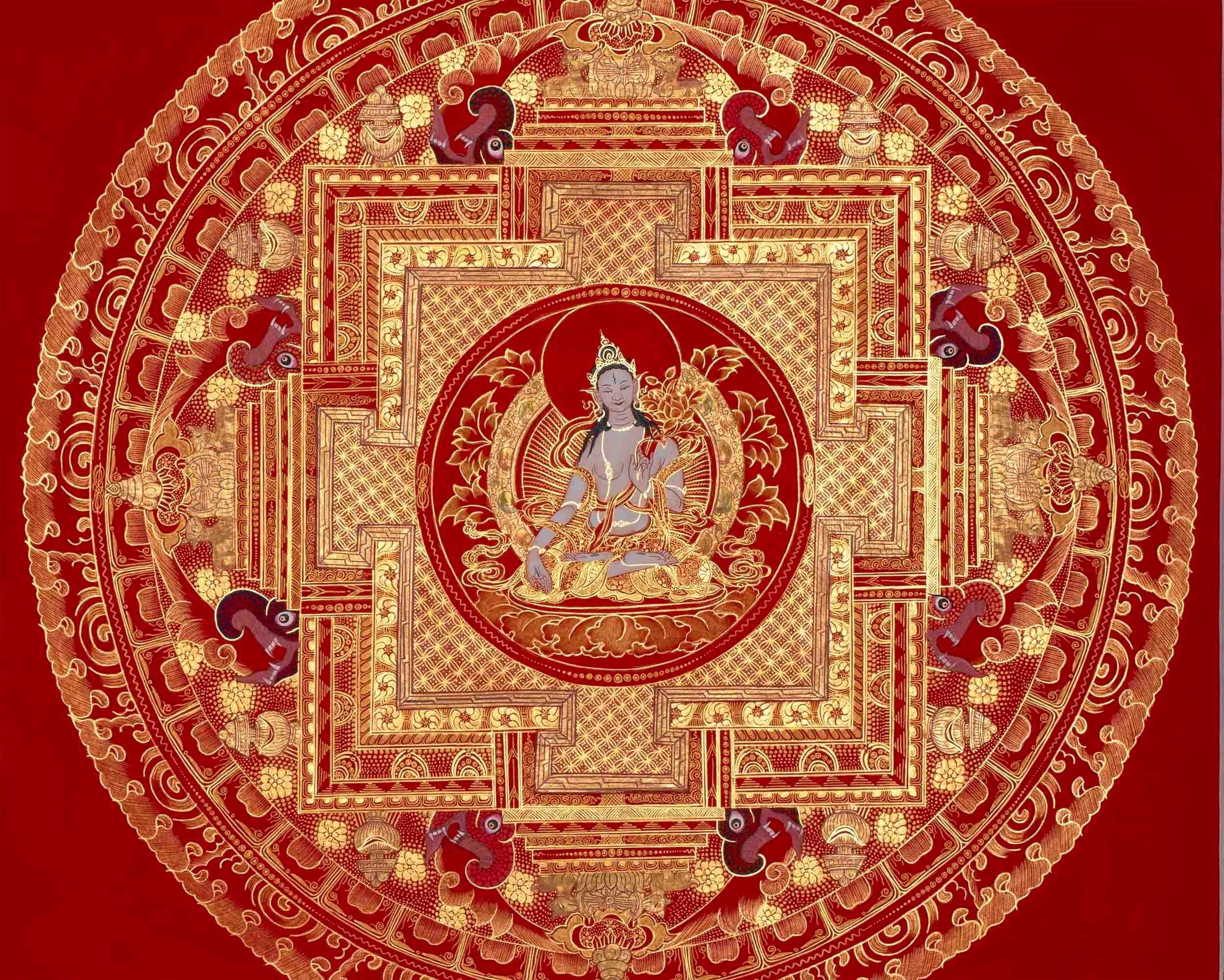 White Tara, Chengrezig and Green Tara Mandala | Traditional Buddhist Art Painting