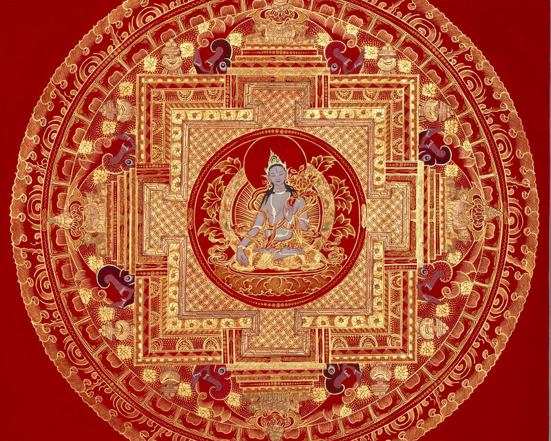 White Tara, Chengrezig and Green Tara Mandala | Traditional Buddhist Art Painting