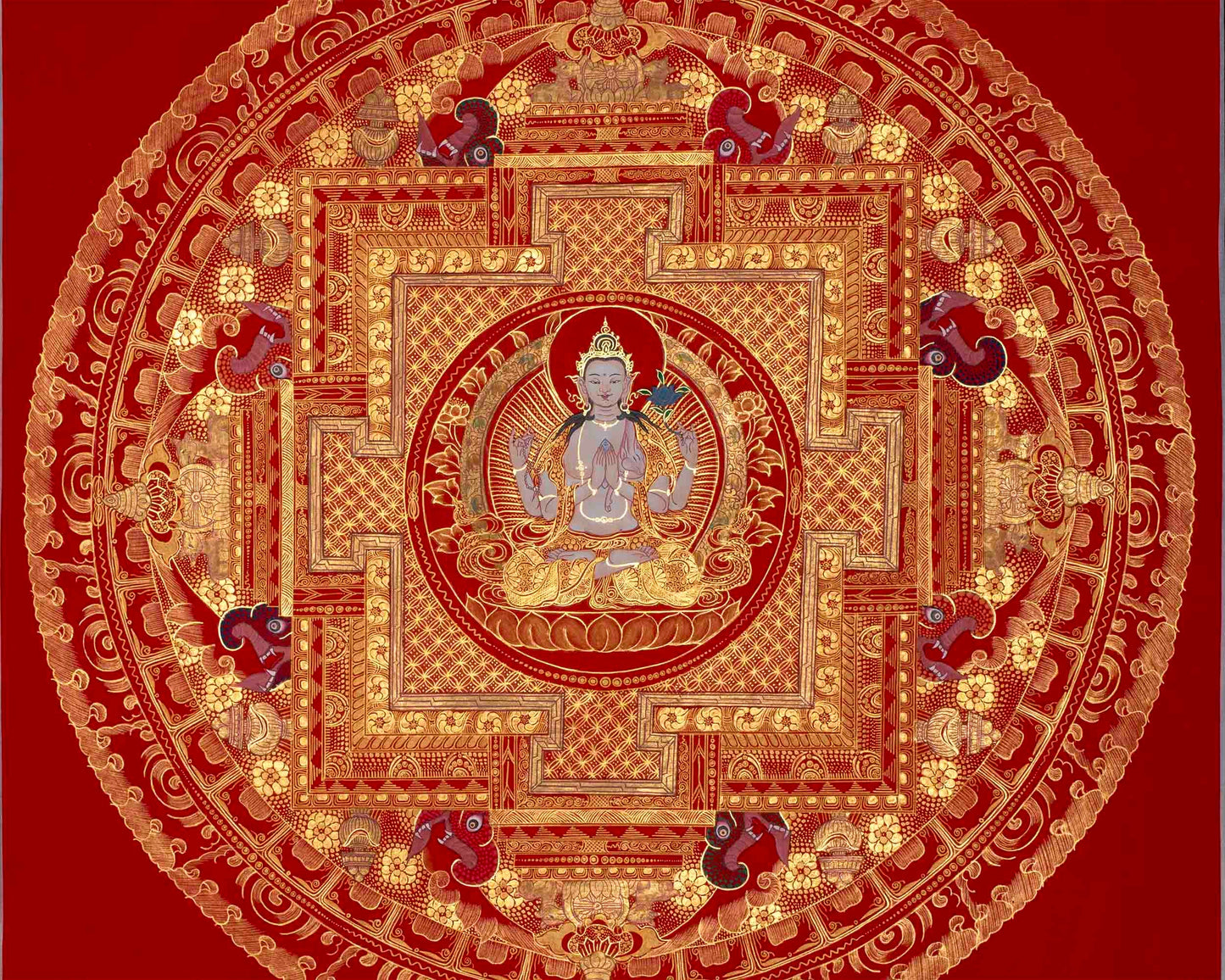 White Tara, Chengrezig and Green Tara Mandala | Traditional Buddhist Art Painting