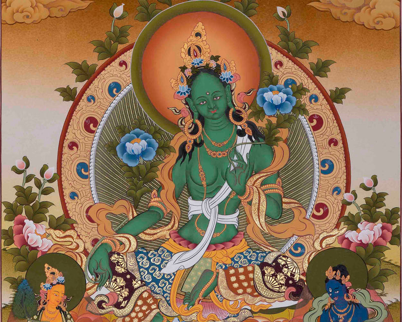 White Tara Thangka | Manjushri ,Green Tara ,Shakyamuni Buddha |