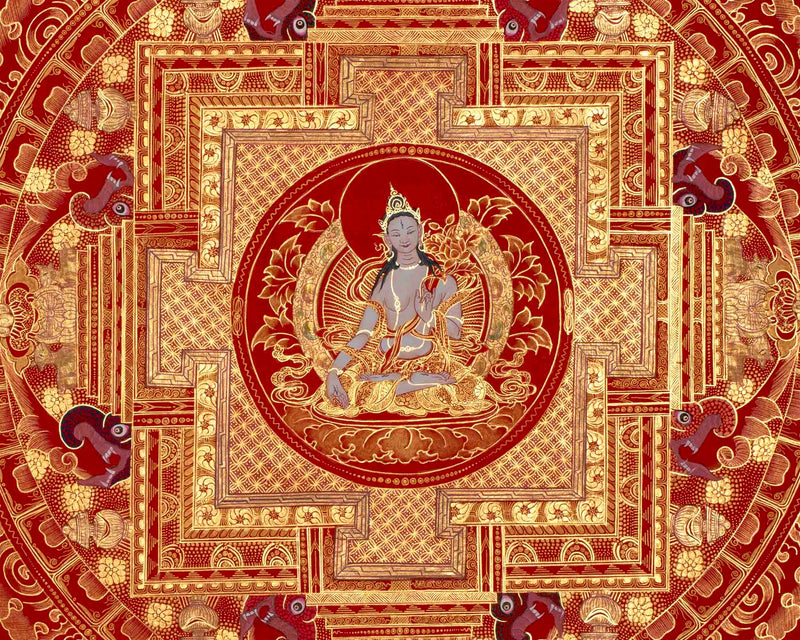 White Tara, Chengrezig and Green Tara Mandala | Traditional Buddhist Art Painting