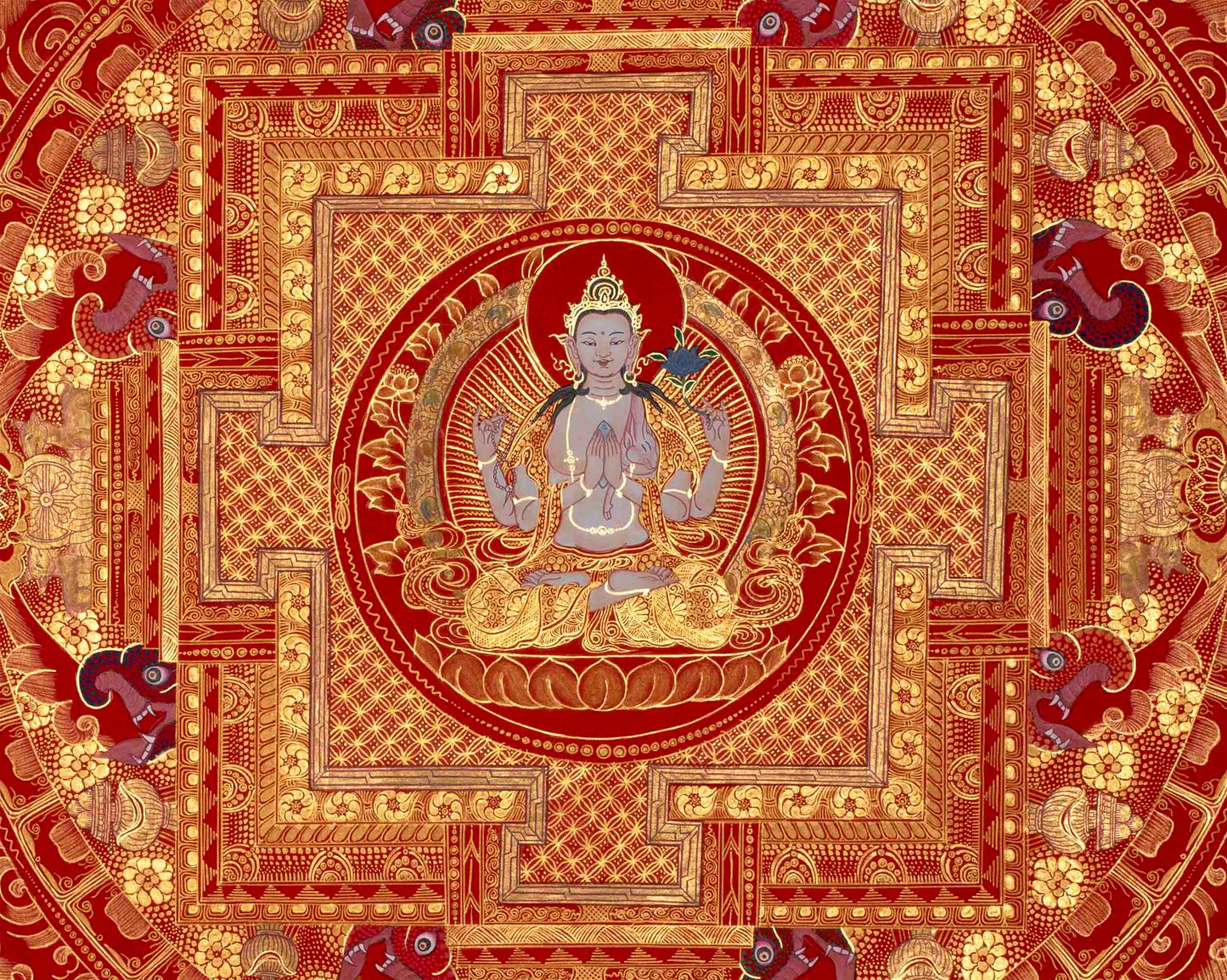 White Tara, Chengrezig and Green Tara Mandala | Traditional Buddhist Art Painting