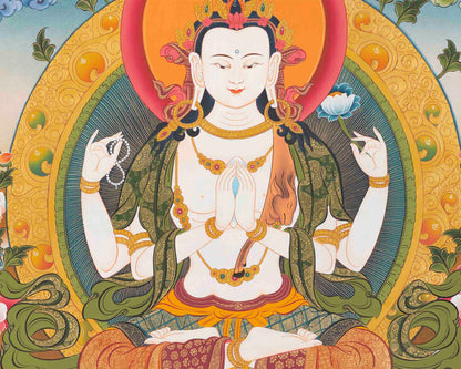 Large Chenrezig Thangka Painting | Avalokiteshvara Tibetan Wall Hanging