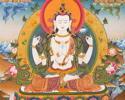 Large Chenrezig Thangka Painting | Avalokiteshvara Tibetan Wall Hanging