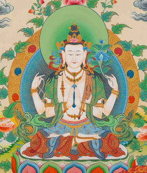 Original 4 Armed Chengrezig Thangka Painting | Handmade in Nepal