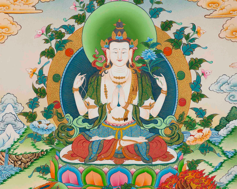 Original 4 Armed Chengrezig Thangka Painting | Handmade in Nepal