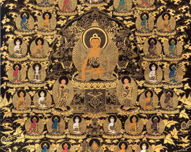 Shakyamuni Buddha with 35 Buddhas of Confession | Tibetan Thanka | Supreme Wisdom |