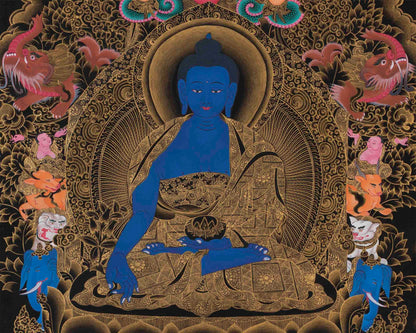 Black and Gold Style Medicine Buddha Thangka | Healing Buddha |