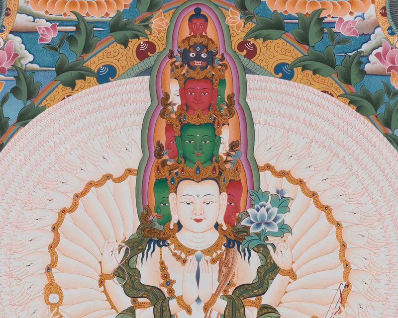 1000 Armed Chengrezig | Surrounded by 5 Buddhas, Manjushri, and Vajrapani |