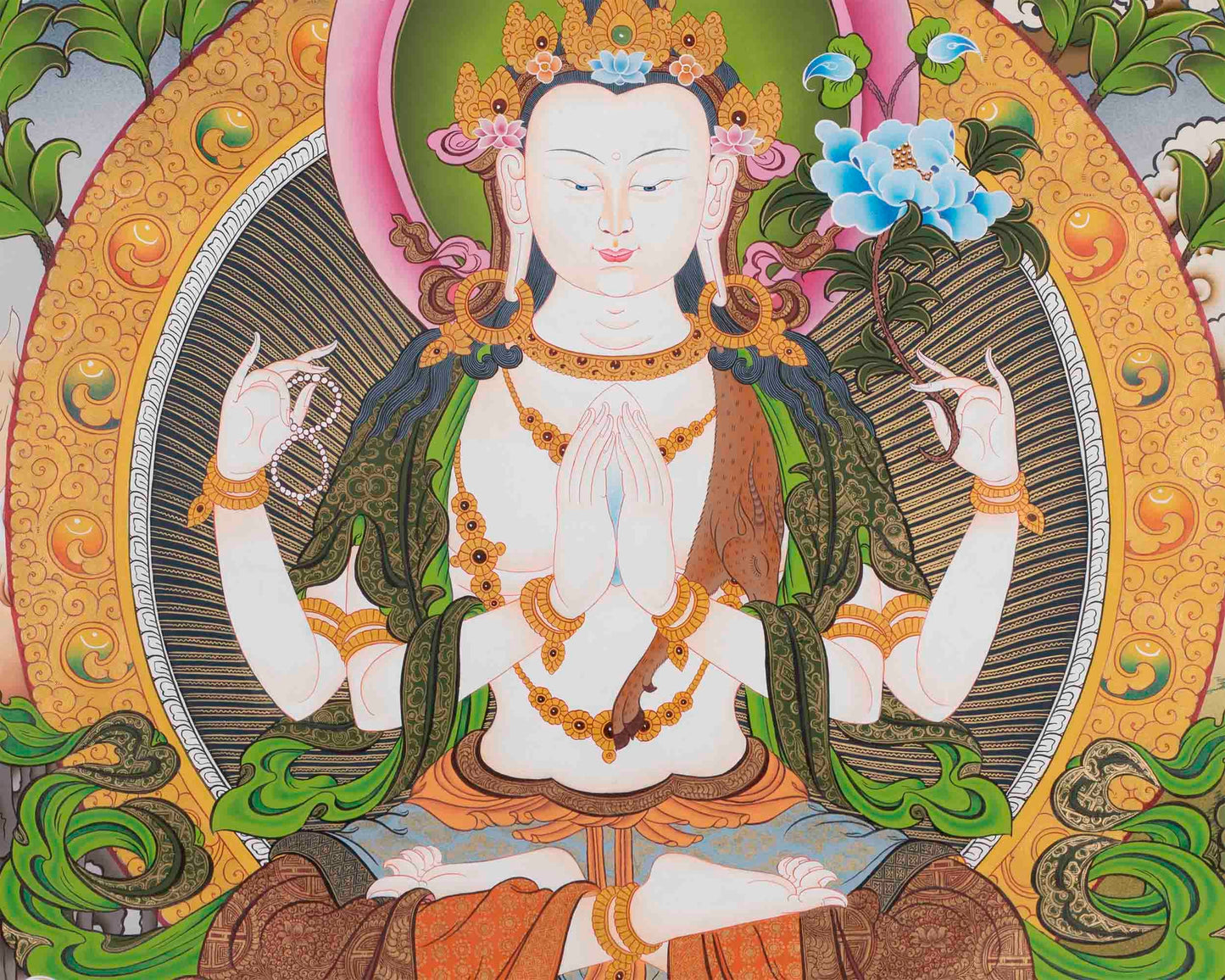 Large Size 4 Armed Chenrezig Thangka Painting with White Tara, Green Tara