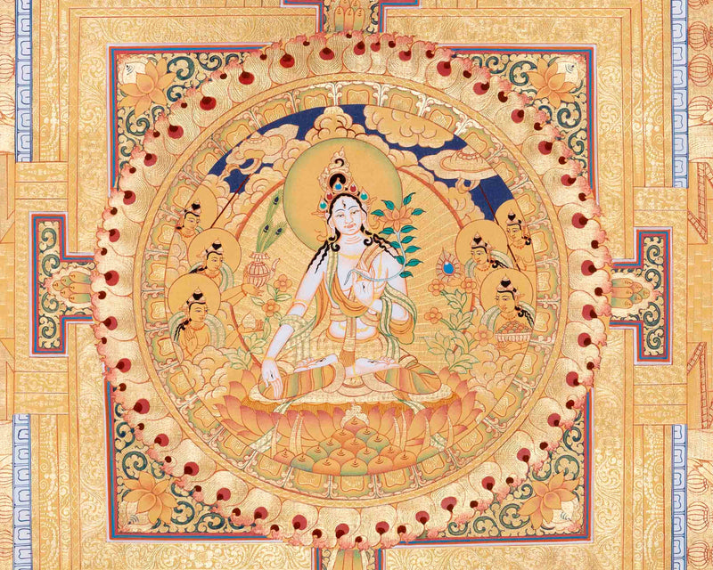 White Tara Mandala | Buddhist Thangka Painting | 24K Gold Himalayan Art