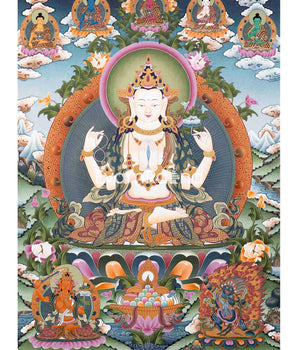 Big Size 4 Armed Chenrezig Thangka | Surrounded by 5 Buddhas, Manjushri and Vajrapani |