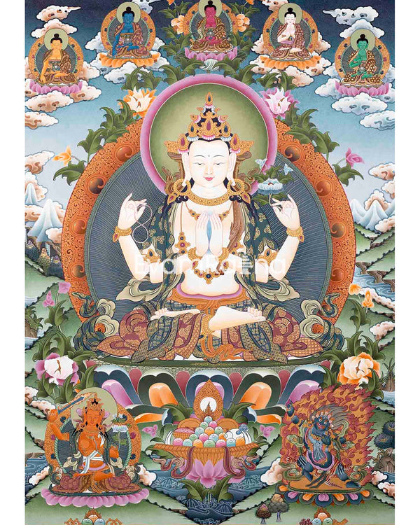 Big Size 4 Armed Chenrezig Thangka | Surrounded by 5 Buddhas, Manjushri and Vajrapani |