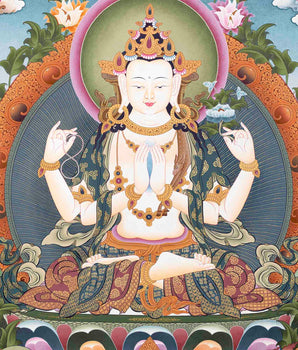 Big Size 4 Armed Chenrezig Thangka | Surrounded by 5 Buddhas, Manjushri and Vajrapani |