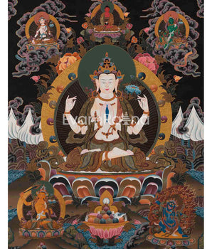 Original 4 Armed Chenrezig Thangka | Surrounded by Green Tara, White Tara, Manjushri, Amitabha Buddha, and Vajrapani |