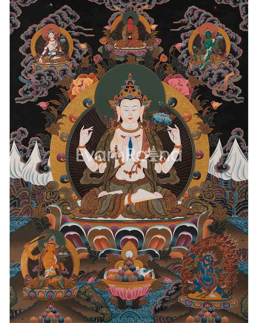 Original 4 Armed Chenrezig Thangka | Surrounded by Green Tara, White Tara, Manjushri, Amitabha Buddha, and Vajrapani |