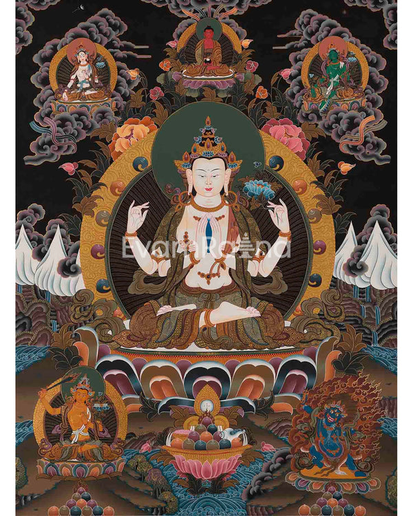 Original 4 Armed Chenrezig Thangka | Surrounded by Green Tara, White Tara, Manjushri, Amitabha Buddha, and Vajrapani |