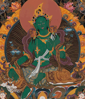 Original Green Tara Thangka surrounded by Buddhas and Bodhisattvas | Tibetan Thangka Painting