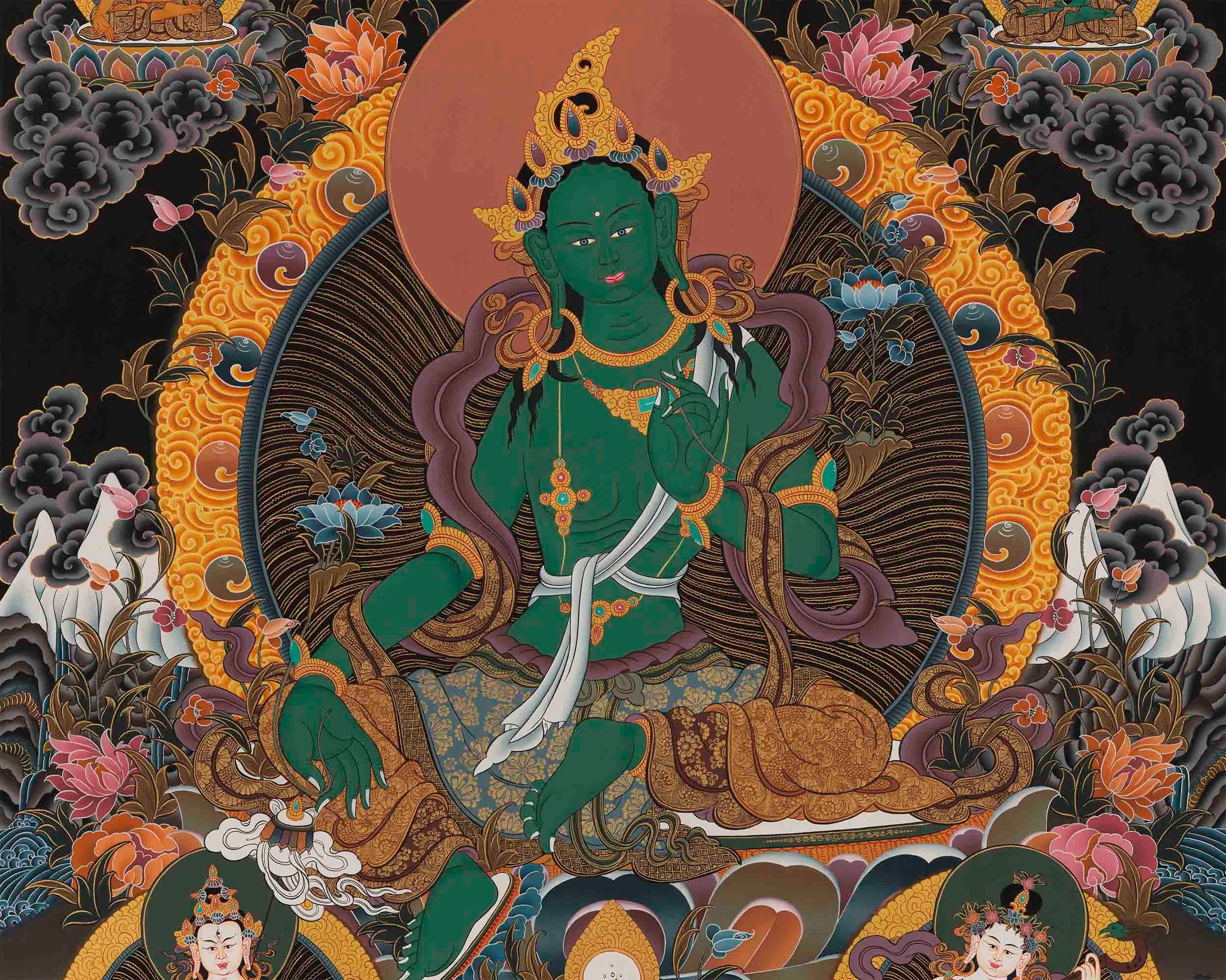 Original Green Tara Thangka surrounded by Buddhas and Bodhisattvas | Tibetan Thangka Painting