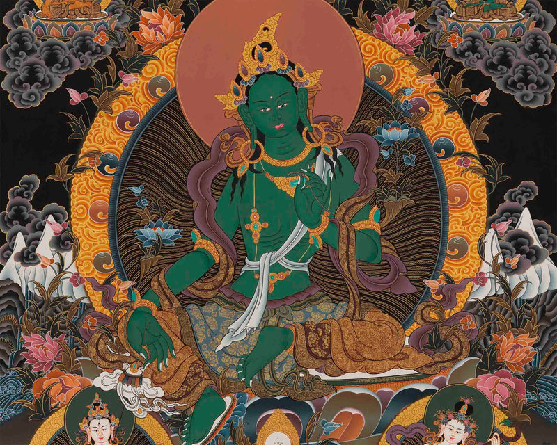 Original Green Tara Thangka surrounded by Buddhas and Bodhisattvas | Tibetan Thangka Painting