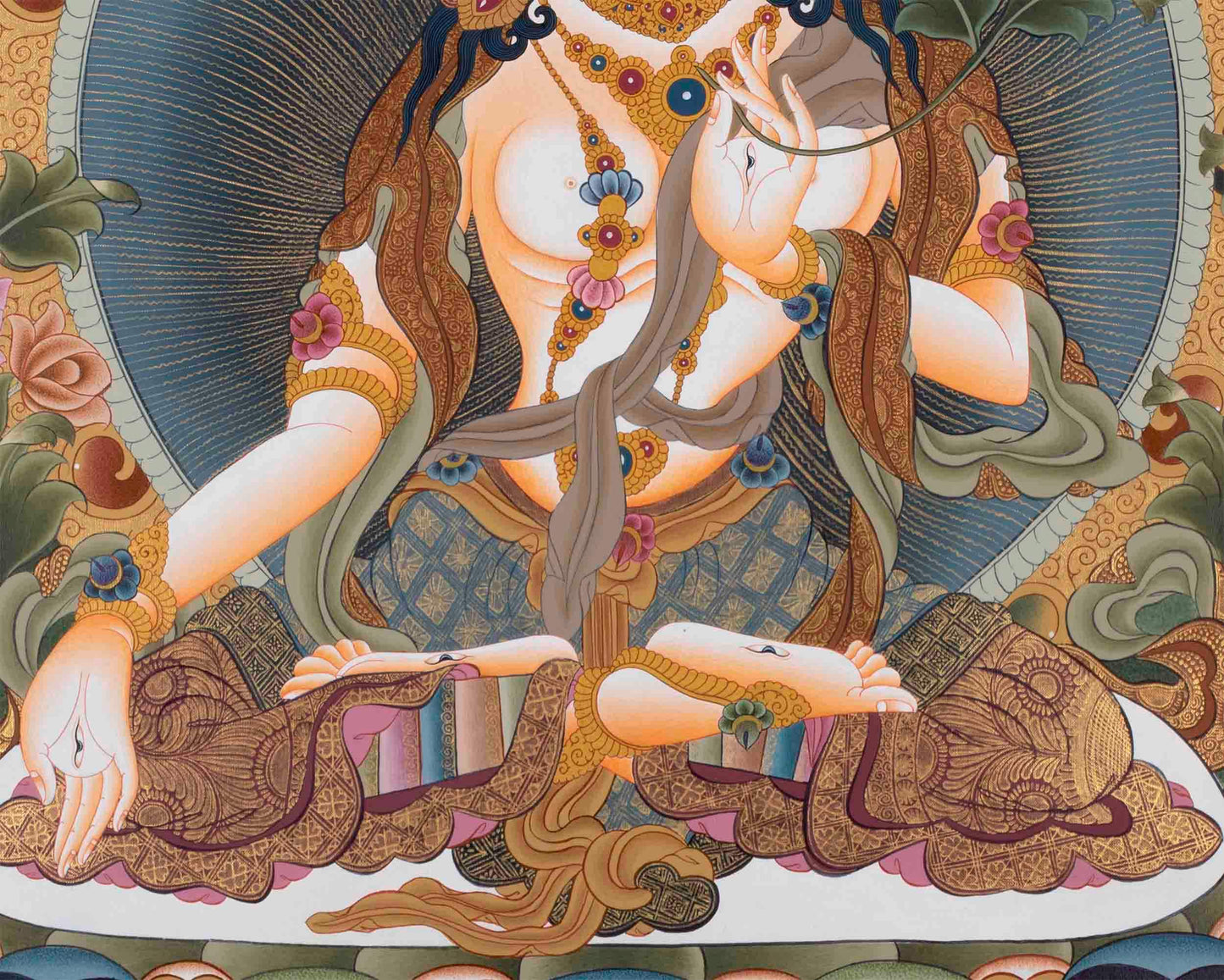 Big White Tara Thangka | Surrounded by Amitayus, Tsongkhapa, Shakyamuni, Guru Rinpoche |