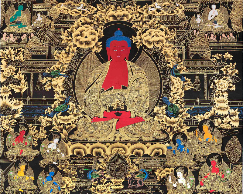 Black and Gold Amitabha Buddha Thangka | Sukhavati Thangka | Meditation Buddha