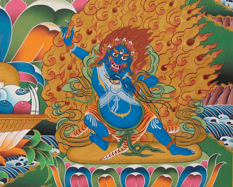 Original Hand-Painted Manjushri Thangka with Amitabha Buddha, Chengrezig and Vajrapani | Bodhisattva of Compassion and Wisdom |