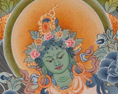 Green Goddess of Compassion with Five Bodhisattva | Green Tara Thanka