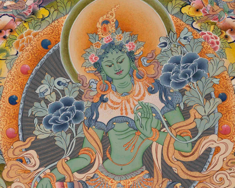 Green Goddess of Compassion with Five Bodhisattva | Green Tara Thanka