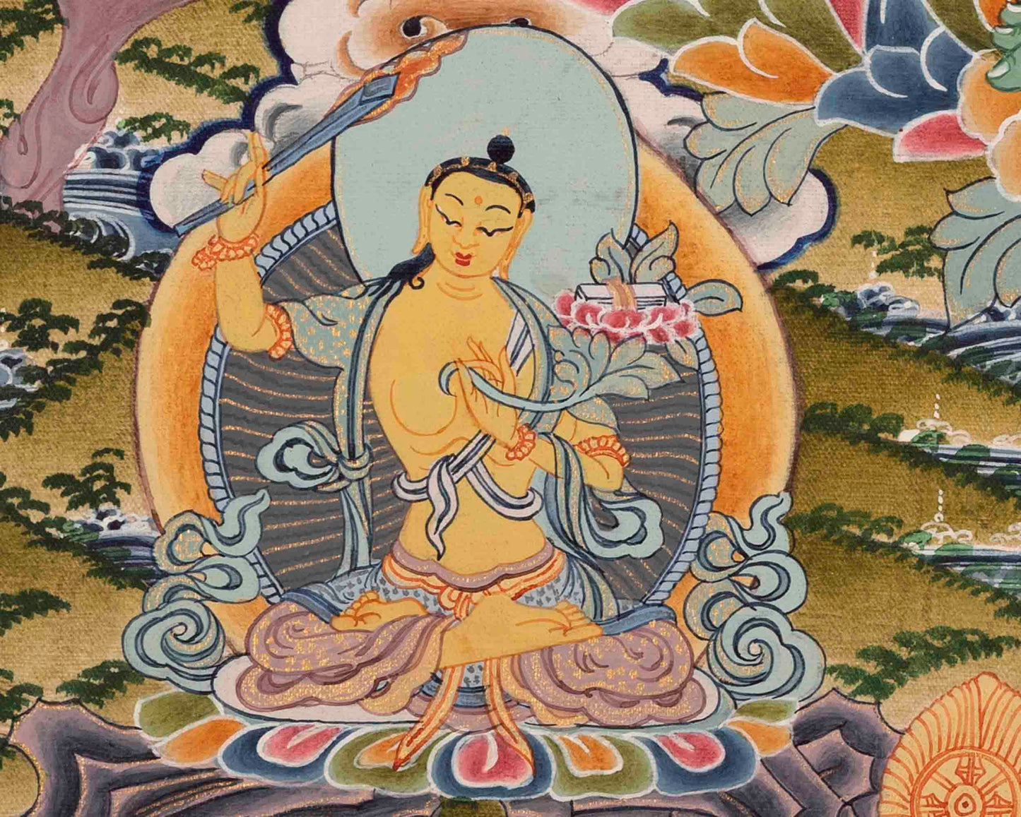 Green Goddess of Compassion with Five Bodhisattva | Green Tara Thanka