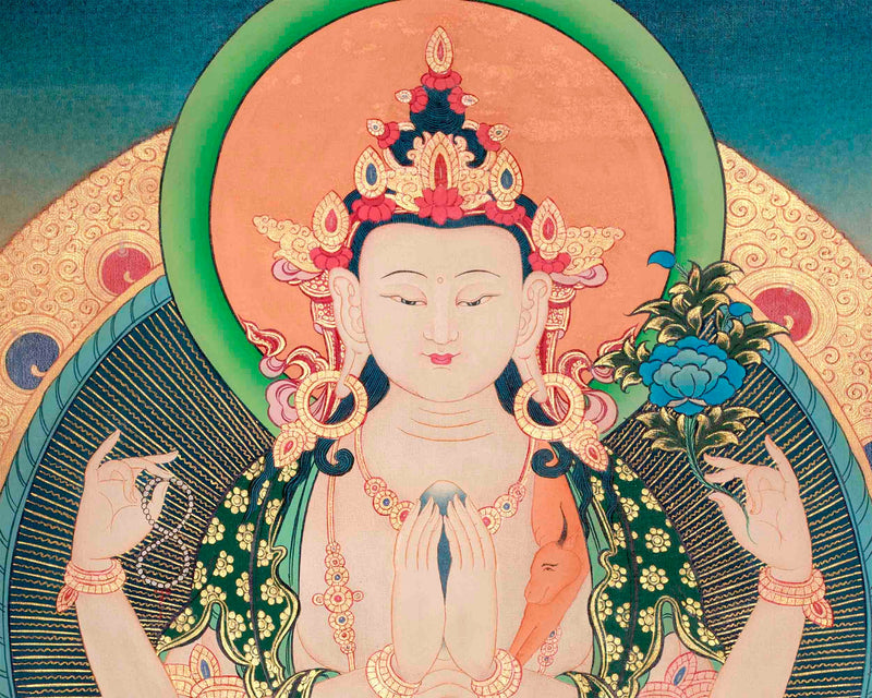 Original Hand-Painted Four Armed Chengrezig Thangka | Bodhisattva of Compassion |